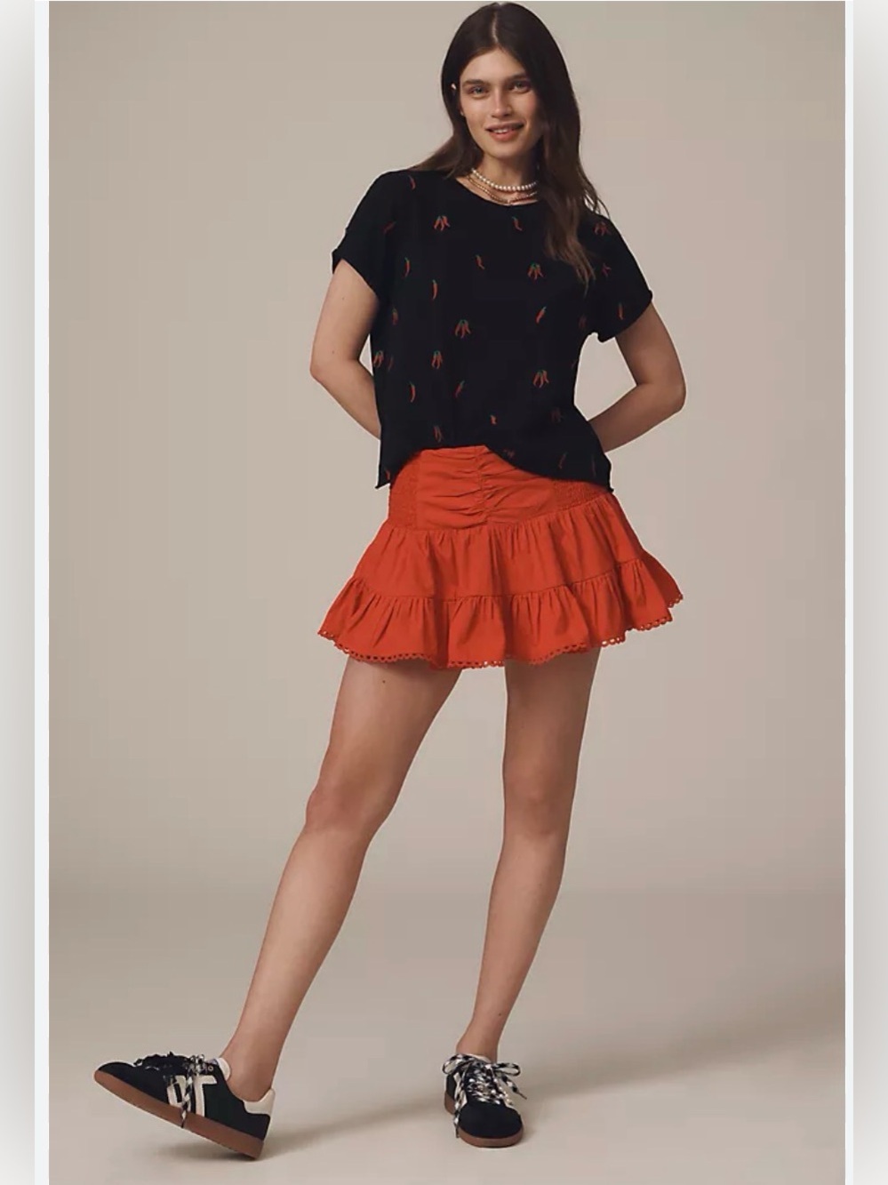 Anthropologie the Caitlin Boxy Tee by Maeve: Embroidered Red Chili Peppers M - Picture 3 of 10